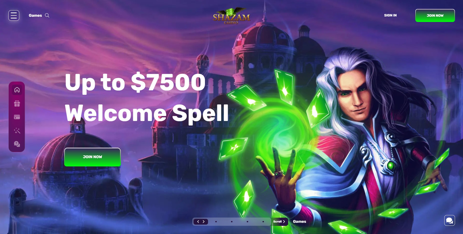 Promotional banner for Shazam Casino featuring the login portal with vibrant magical and gaming graphics.